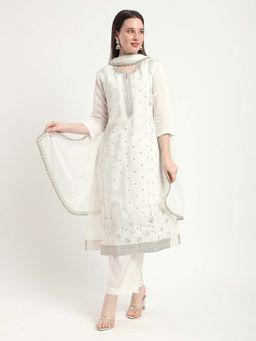 R&B - White Embroidered Round Neck Kurta Pant with Dupatta