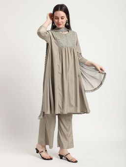 R&B - Grey Floral Embroidered Round Neck Kurta Pant with Dupatta