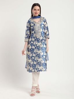 R&B - Blue Embroidered V-Neck Kurta Pant with Dupatta