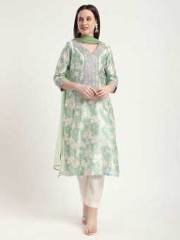 R&B - Green Embroidered V-Neck Kurta Pant with Dupatta