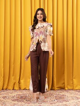 WEAVLLITE - Brown Floral Printed Boat Neck Co-ord Set