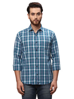 Park Avenue - Slim Fit Checkered Blue Casual Shirt
