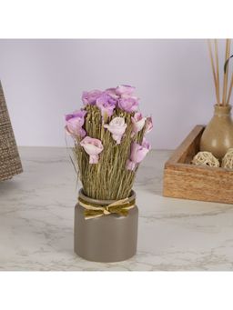 HomeTown - Fleur Dried Rose Floral Arrangemet In Ceramic Jar 18 Cm in Purple Colour