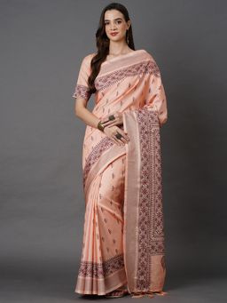 Akhilam - Women Art Silk Peach Printed Designer Saree with Unstitched Blouse Piece