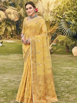 Odette - Yellow Colour Cotton Saree Pair with Cotton with Unstitched Blouse