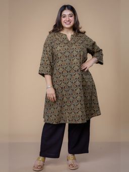 The Indian Ethnic Co. - Daksha Brown Ajrakh Cotton A Line Kurta