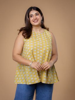 The Indian Ethnic Co. - Parveen Yellow Dabu Slub Cotton A Line Short Top