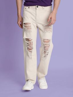 Bene Kleed - Men Ecru Heavy Distress Straight Fit Jeans