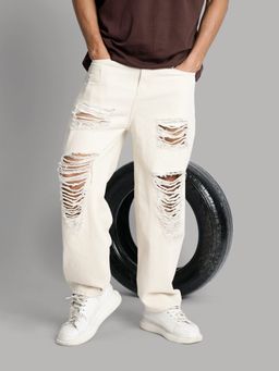Bene Kleed - Men Ecru Heavy Distress Baggy Fit Jeans