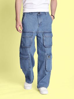 Bene Kleed - Men Multi Cargo Pocket Mid Blue Baggy Jeans