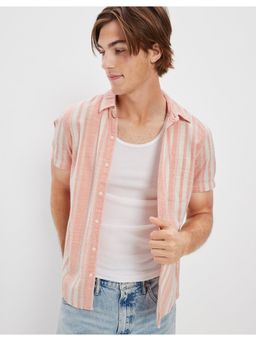 American Eagle - Men Orange Striped Button Up Resort Shirt