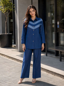 KAFTANIZE - Women Blue Stripes Cotton Blend Shirt with Pant