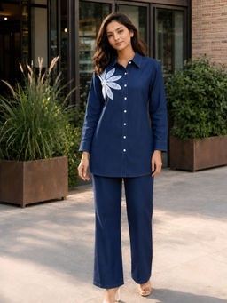 KAFTANIZE - Women Blue Embroidered Cotton Blend Shirt with Trouser