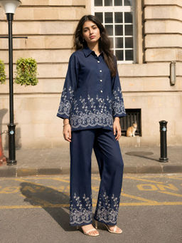 KAFTANIZE - Women Blue Embroidered Cotton Blend Shirt with Pant