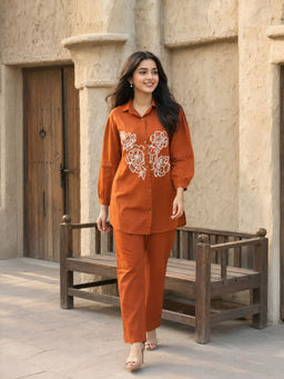 KAFTANIZE - Women Rust Floral Cotton Blend Shirt with Pant