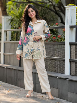 KAFTANIZE - Women Beige Floral Cotton Blend Shirt with Pant