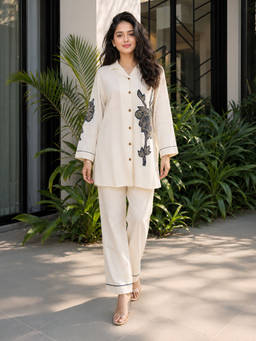 KAFTANIZE - Women White Floral Cotton Blend Shirt with Pant
