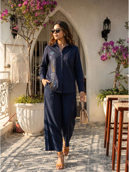 Vastara TheLabel - Women Navy Blue Floral Cotton Shirt with Pant