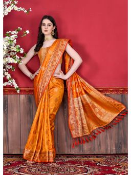 Yavira Silk - Orange Katan Saree With Zari Pallu And Unstitched Blouse
