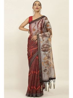 Soch - Women Wine Printed Saree with Unstitched Blouse
