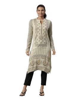 NEERU'S - Camel Regular Woven Print Knee Length Winter Kurta