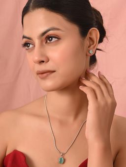 Ratnavali Jewels - American Diamond Silver Plated Oval Mint Green Stone Pendent Necklace with Earrings