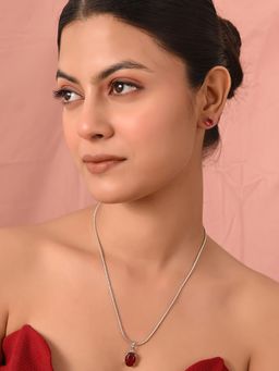 Ratnavali Jewels - American Diamond Silver Plated Oval Red Stone Pendant Necklace with Earrings