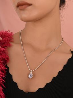 Ratnavali Jewels - American Diamond Silver Plated Oval White Stone Pendent Necklace with Earrings