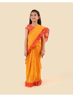 Fabindia - Yellow Cotton Silk Blend Saree with Stitched Blouse
