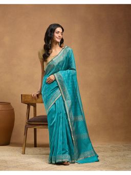 Fabindia - Green Cotton Silk Blend Hand Block Printed Saree Without Blouse