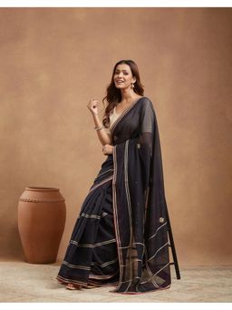 Fabindia - Black Cotton Silk Hand Embroidered Saree Without Blouse
