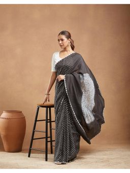 Fabindia - Black Viscose Bandhani Saree Without Blouse