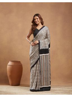 Fabindia - Beige Modal Bagh Printed Saree Without Blouse