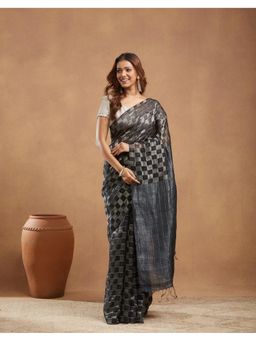 Fabindia - Charcoal Silk Blend Hand Woven Saree Without Blouse