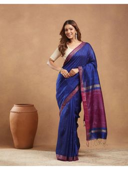 Fabindia - Blue Silk Blend Jamdani Saree Without Blouse