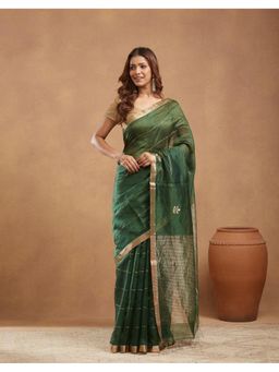 Fabindia - Green Silk Blend Jamdani Saree Without Blouse