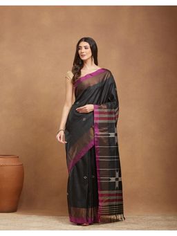 Fabindia - Women Black Silk Blend Hand Woven Saree Without Blouse