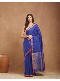 Fabindia - Blue Cotton Silk Jamdani Saree Without Blouse