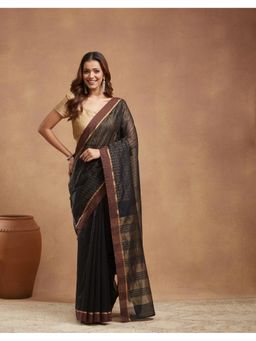 Fabindia - Black Cotton Silk Blend Hand Woven Saree Without Blouse