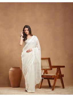 Fabindia - Off White Cotton Silk Blend Hand Woven Saree Without Blouse