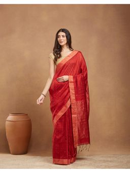 Fabindia - Maroon Silk Jamdani Saree Without Blouse