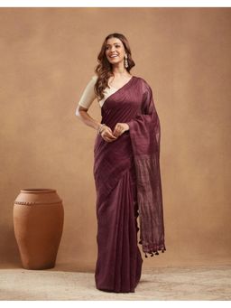 Fabindia - Wine Silk Hand Woven Saree Without Blouse
