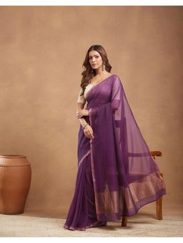 Fabindia - Purple Cotton Hand Woven Saree Without Blouse