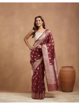 Fabindia - Maroon Cotton Silk Blend Saree Without Blouse