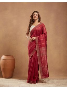 Fabindia - Red Silk Blend Hand Woven Saree Without Blouse