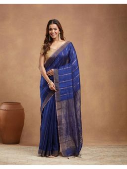 Fabindia - Blue Silk Blend Hand Woven Saree Without Blouse