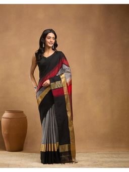 Fabindia - Black Cotton Silk Blend Maheshwari Saree Without Blouse