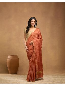 Fabindia - Orange Viscose Silk Blend Saree Without Blouse