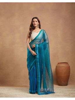 Fabindia - Blue Cotton Silk Blend Hand Woven Saree Without Blouse
