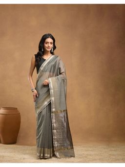 Fabindia - Grey Cotton Silk Blend Maheshwari Saree Without Blouse
